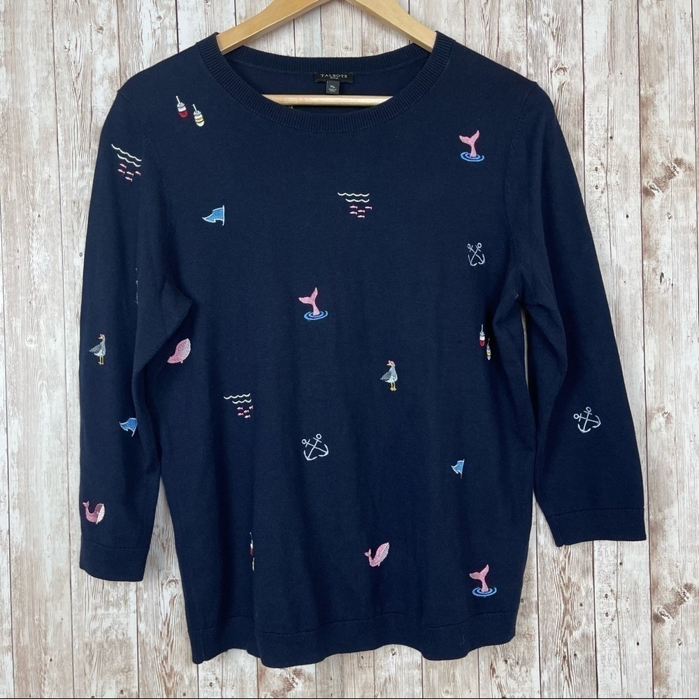 Talbots Nautical Novelty Print Lightweight Crewneck Sweater Size Medium Petite